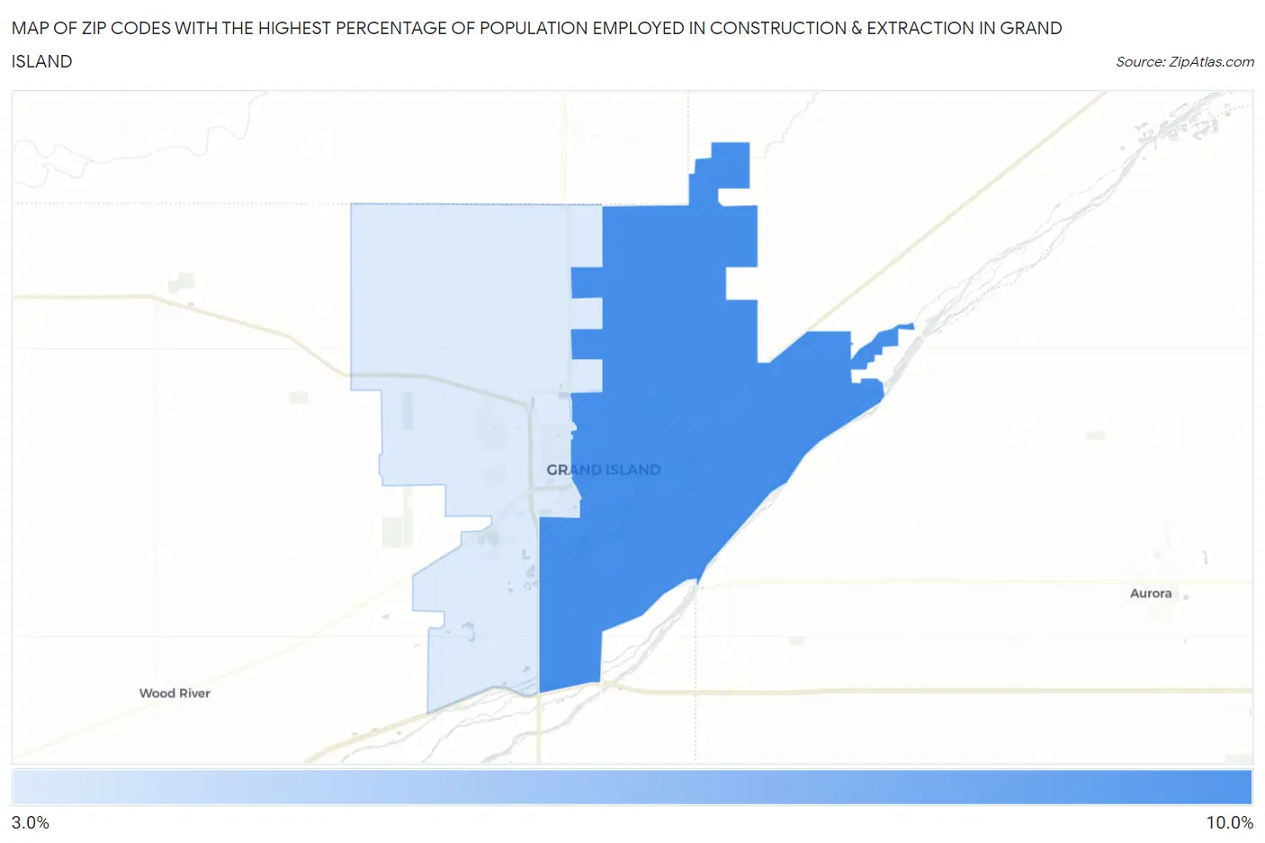 Zip Codes with the Highest Percentage of Population Employed in Construction & Extraction in Grand Island Map