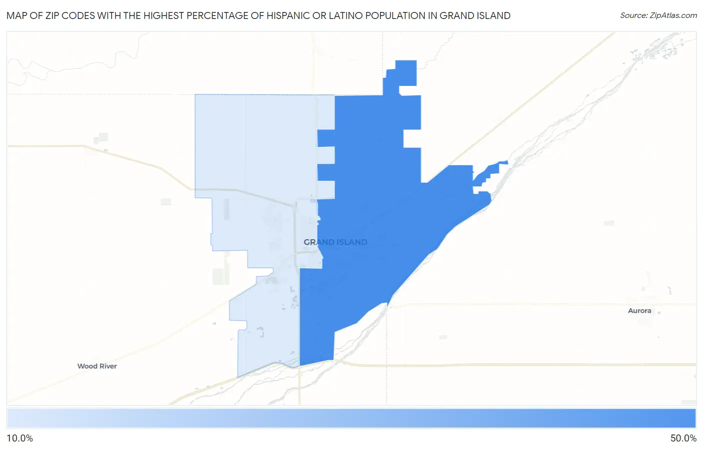 Zip Codes with the Highest Percentage of Hispanic or Latino Population in Grand Island Map