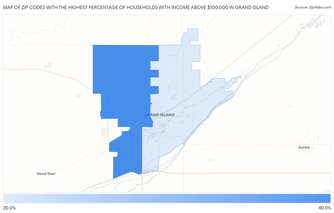 Zip Codes with the Highest Percentage of Households with Income Above $100,000 in Grand Island Map