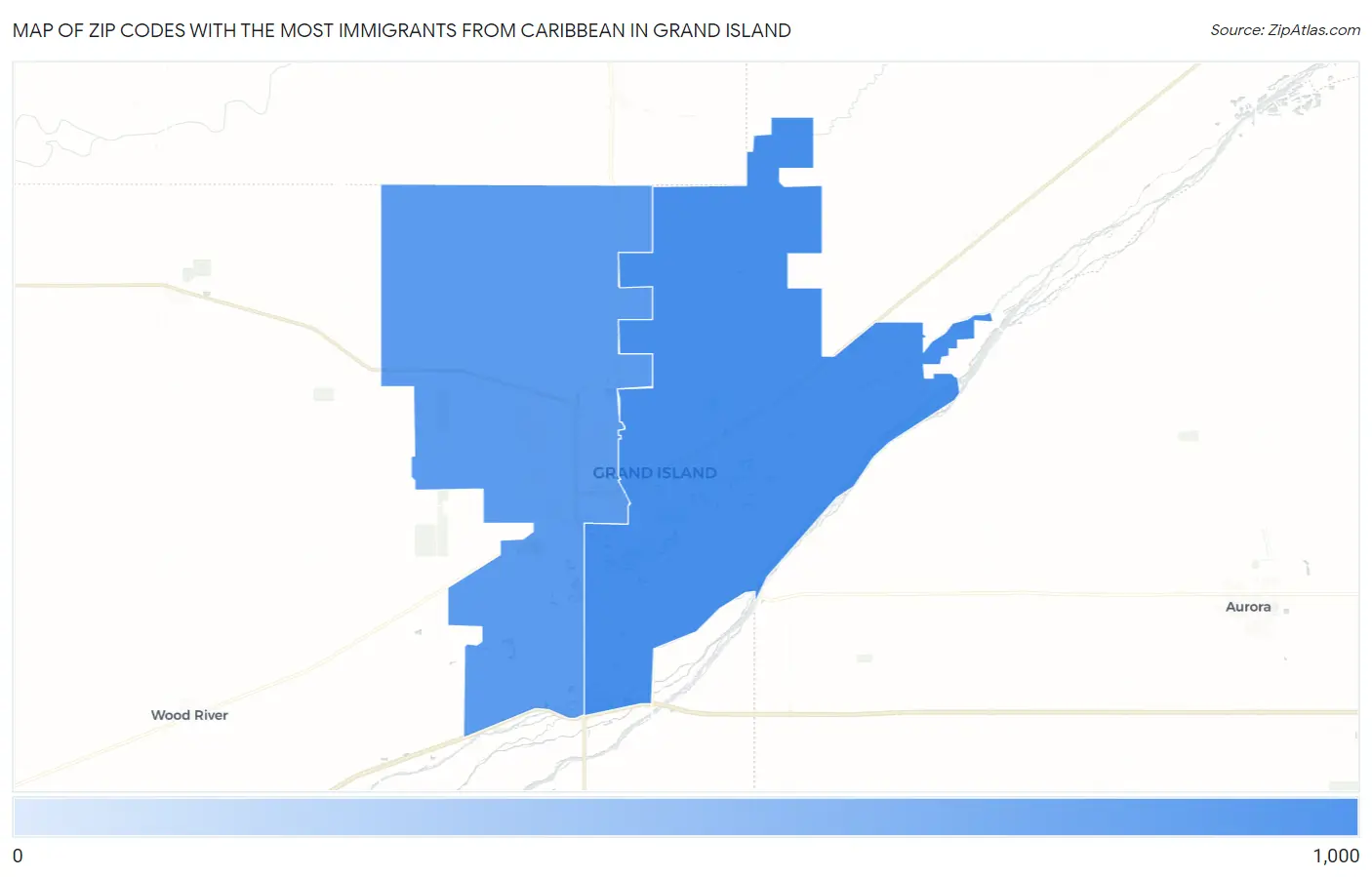 Zip Codes with the Most Immigrants from Caribbean in Grand Island Map
