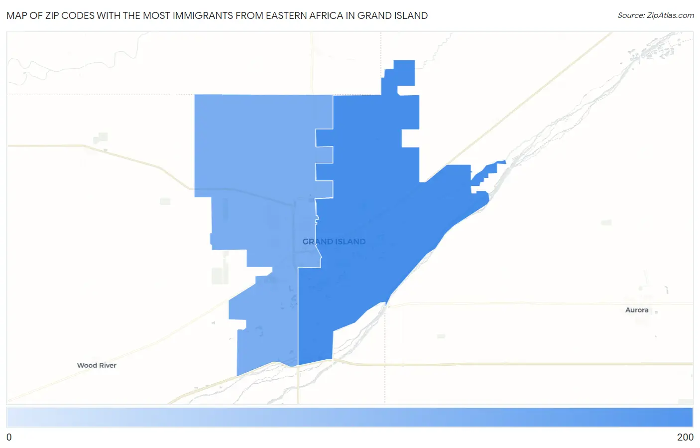 Zip Codes with the Most Immigrants from Eastern Africa in Grand Island Map