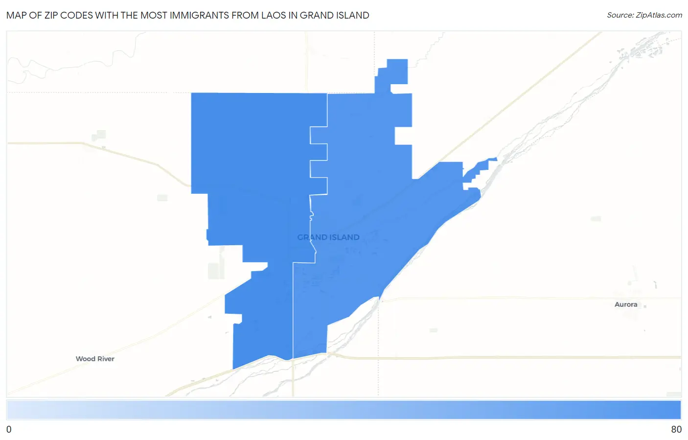 Zip Codes with the Most Immigrants from Laos in Grand Island Map