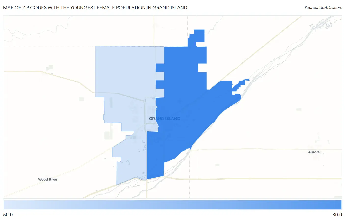 Zip Codes with the Youngest Female Population in Grand Island Map