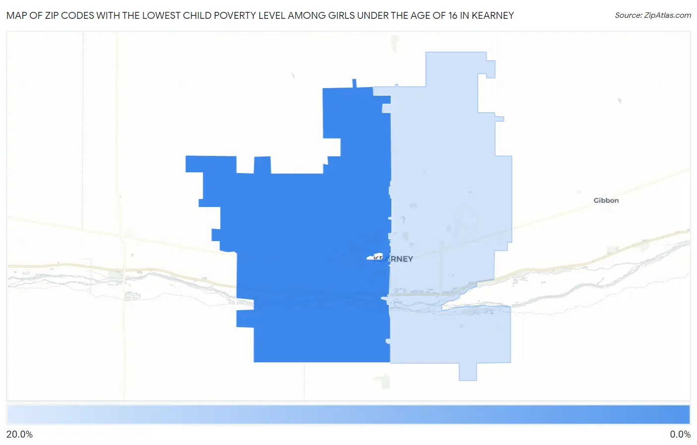 Zip Codes with the Lowest Child Poverty Level Among Girls Under the Age of 16 in Kearney Map