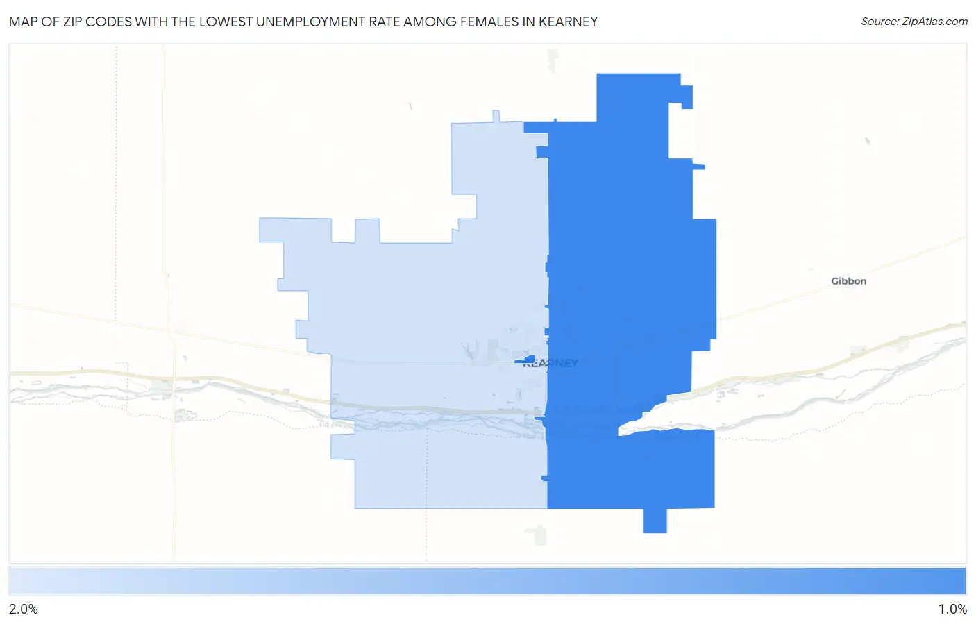 Zip Codes with the Lowest Unemployment Rate Among Females in Kearney Map