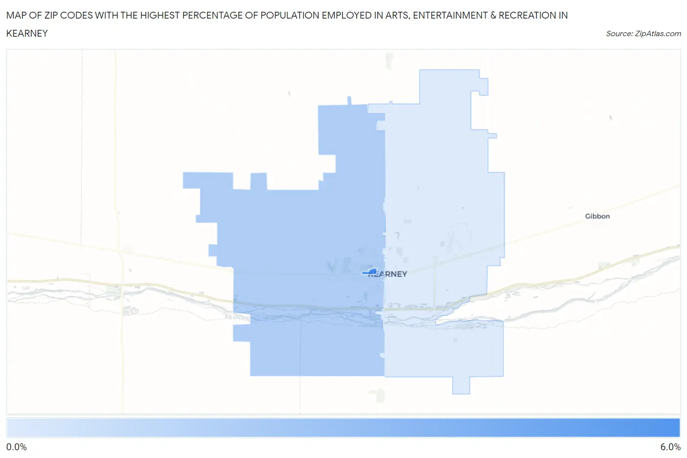 Zip Codes with the Highest Percentage of Population Employed in Arts, Entertainment & Recreation in Kearney Map