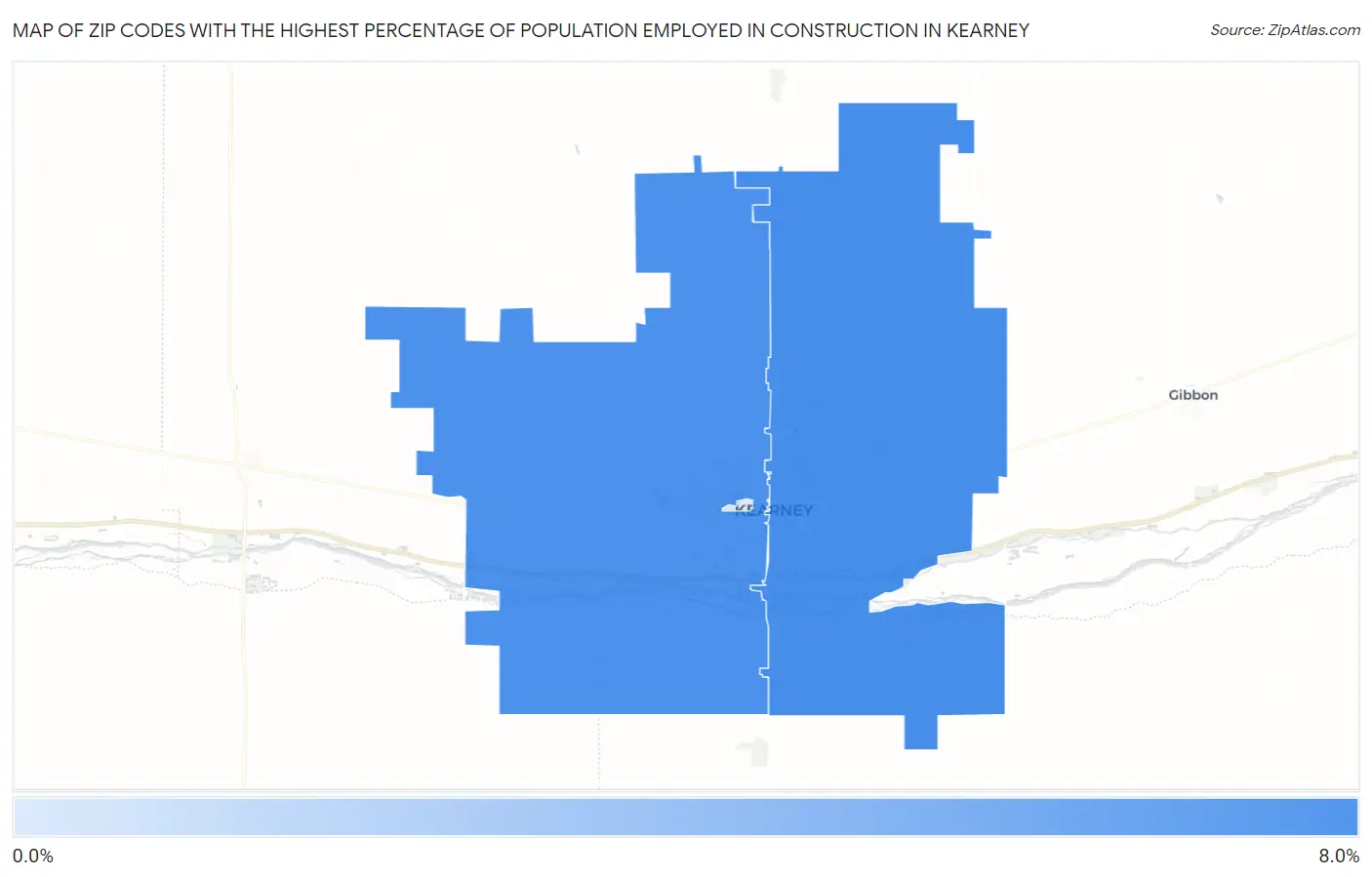 Zip Codes with the Highest Percentage of Population Employed in Construction in Kearney Map