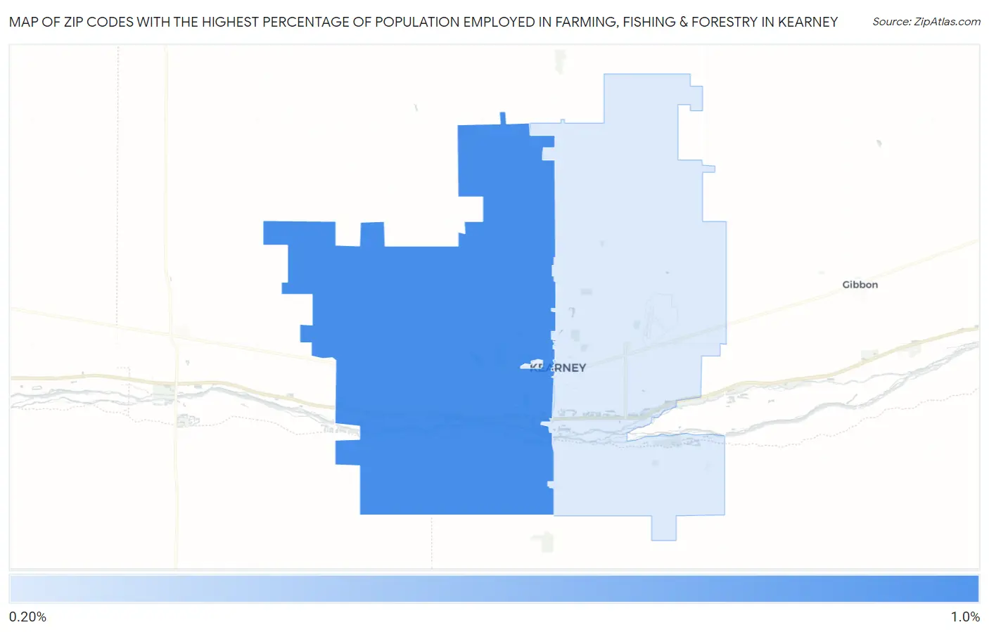 Zip Codes with the Highest Percentage of Population Employed in Farming, Fishing & Forestry in Kearney Map