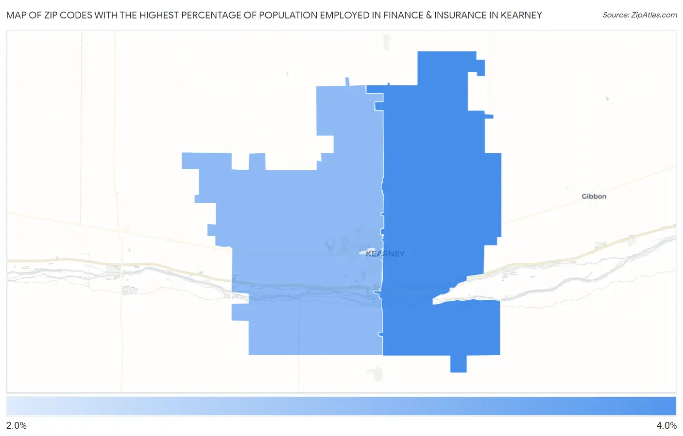 Zip Codes with the Highest Percentage of Population Employed in Finance & Insurance in Kearney Map