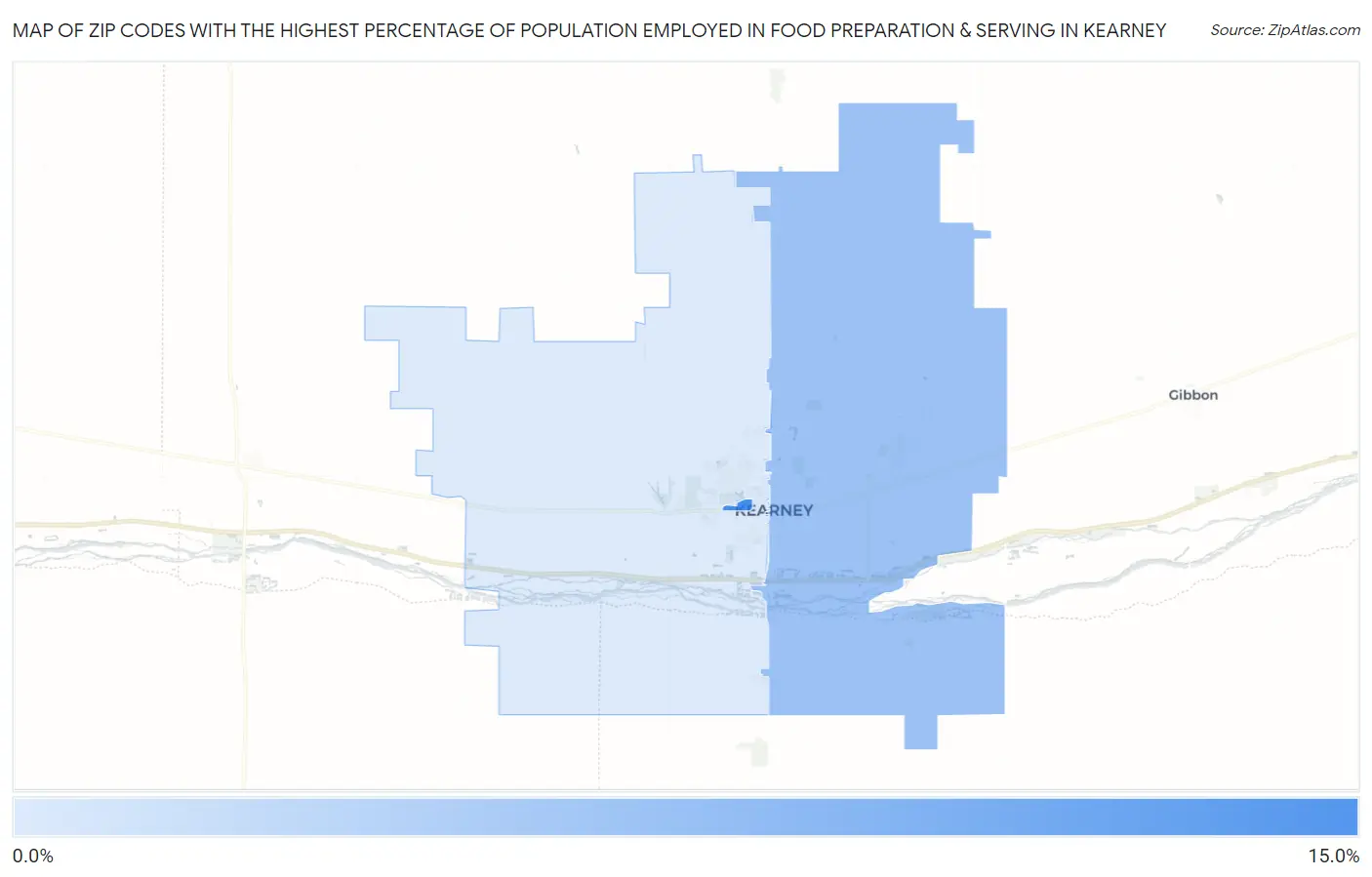Zip Codes with the Highest Percentage of Population Employed in Food Preparation & Serving in Kearney Map