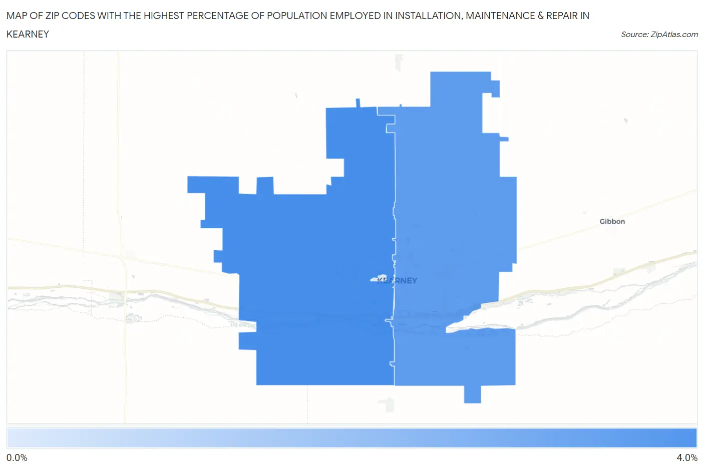Zip Codes with the Highest Percentage of Population Employed in Installation, Maintenance & Repair in Kearney Map