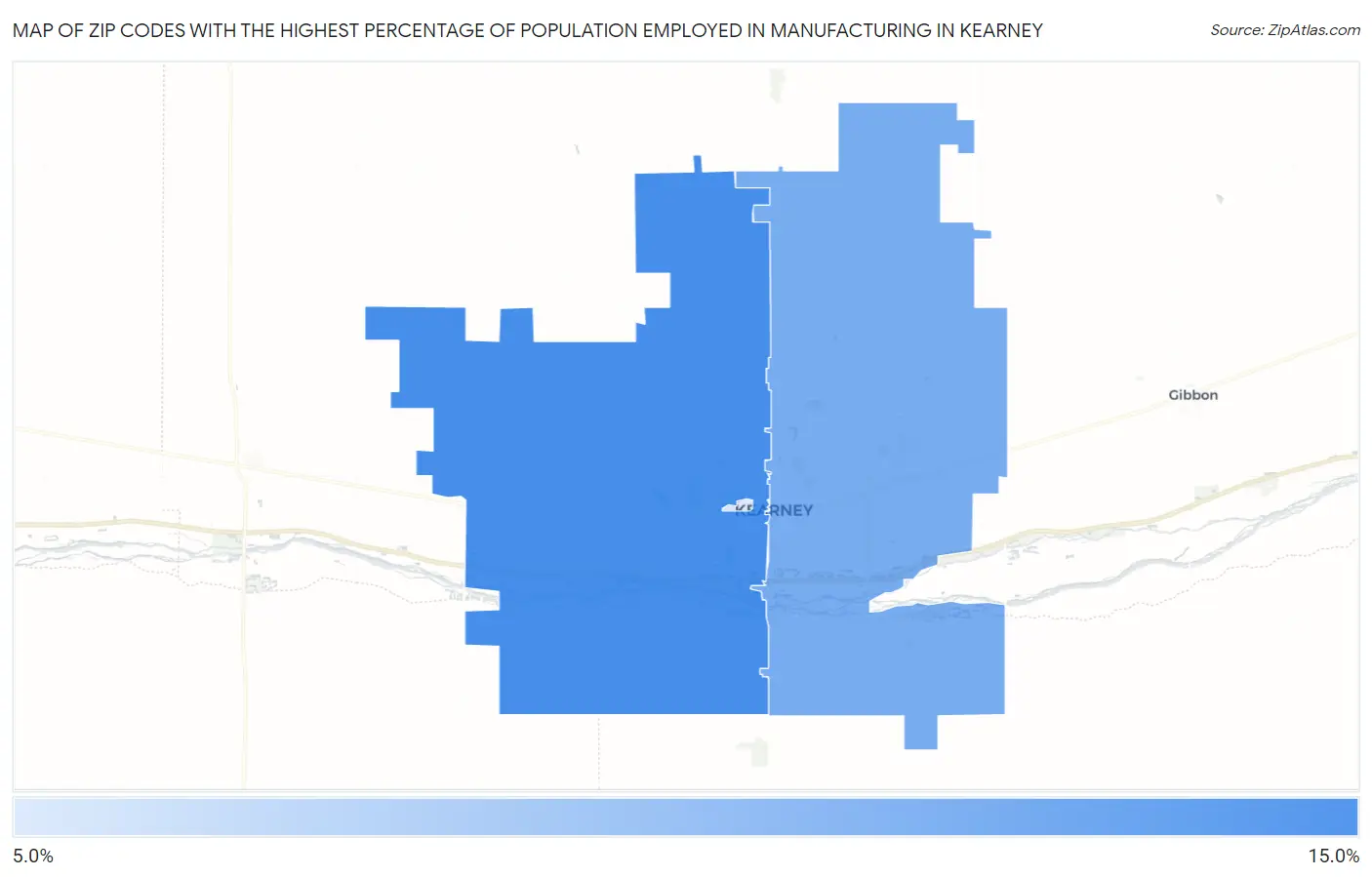 Zip Codes with the Highest Percentage of Population Employed in Manufacturing in Kearney Map