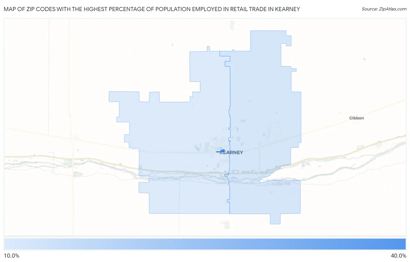 Zip Codes with the Highest Percentage of Population Employed in Retail Trade in Kearney Map