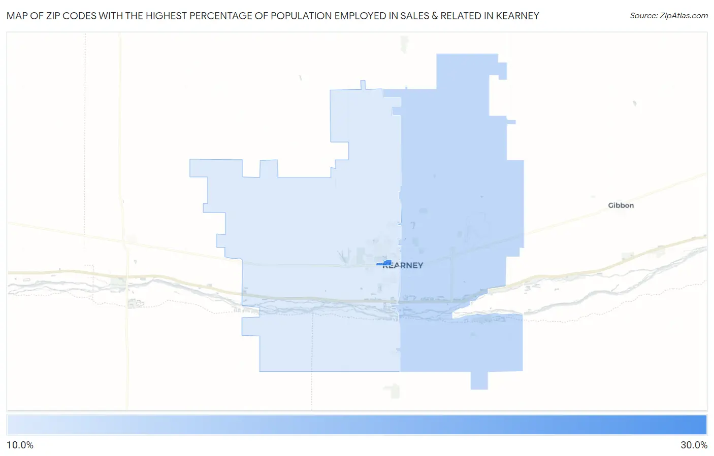 Zip Codes with the Highest Percentage of Population Employed in Sales & Related in Kearney Map