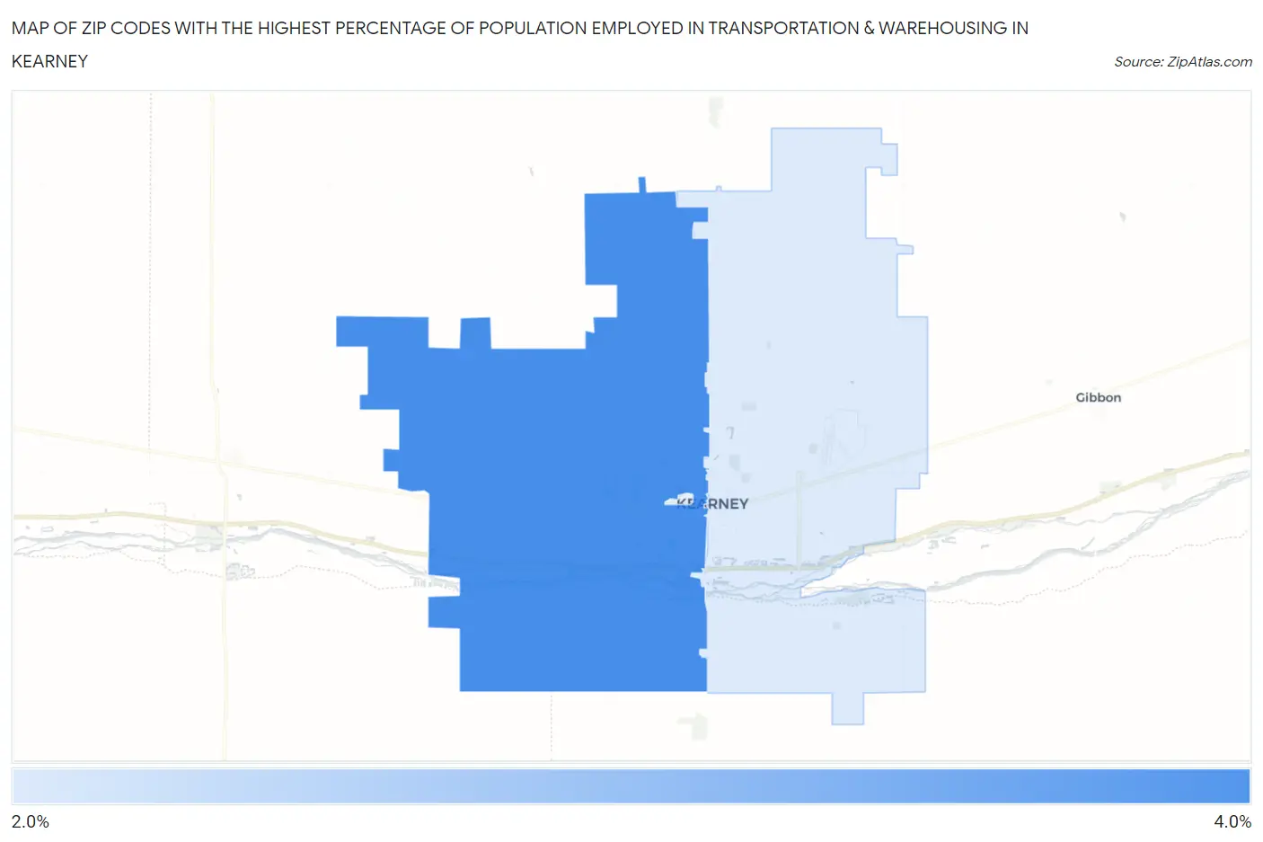 Zip Codes with the Highest Percentage of Population Employed in Transportation & Warehousing in Kearney Map