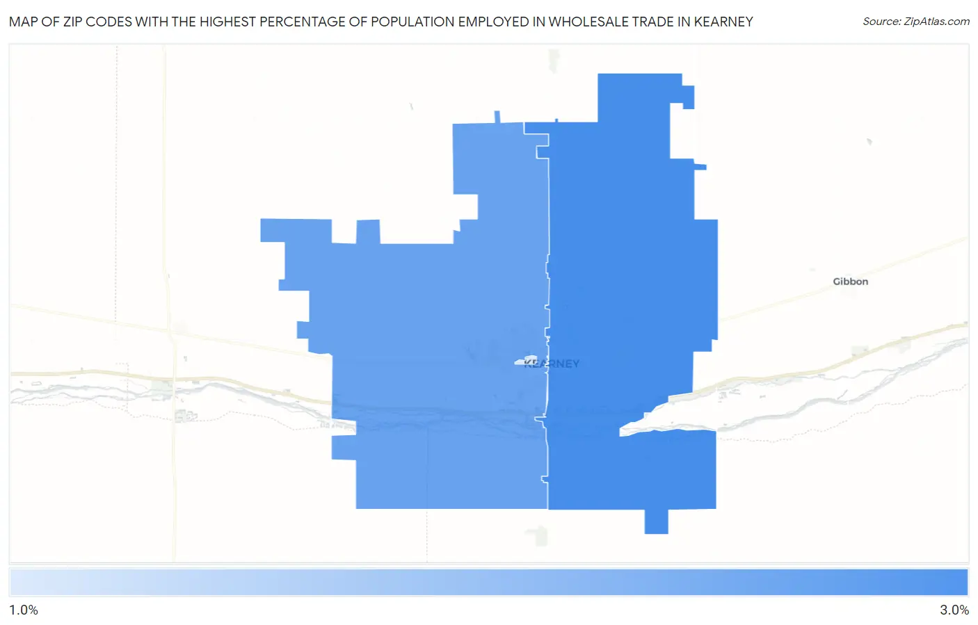 Zip Codes with the Highest Percentage of Population Employed in Wholesale Trade in Kearney Map