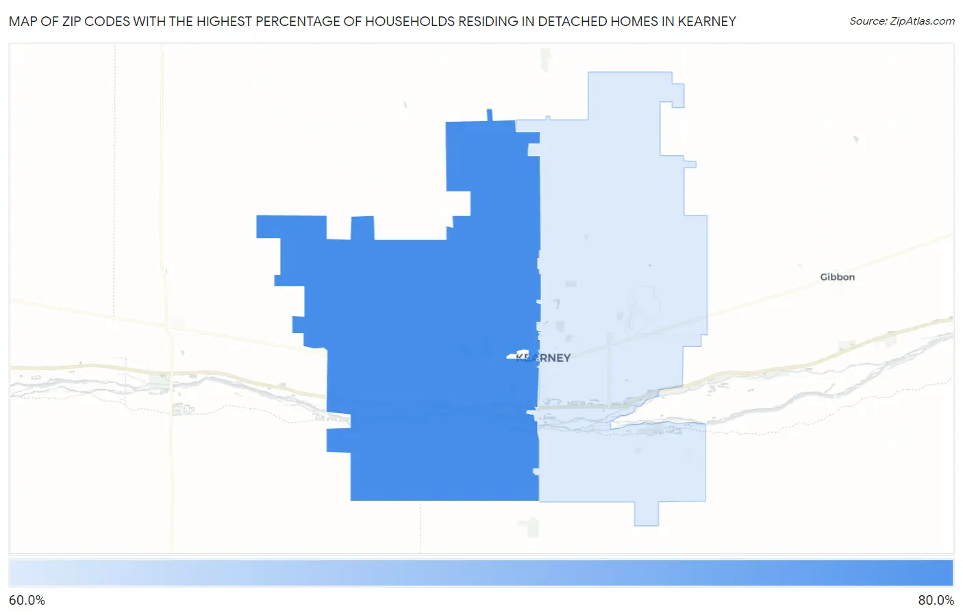Zip Codes with the Highest Percentage of Households Residing in Detached Homes in Kearney Map