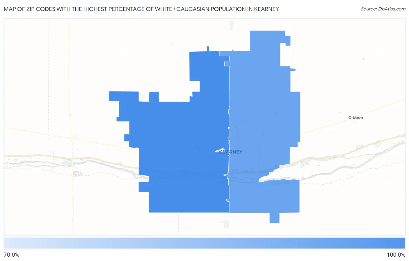 Zip Codes with the Highest Percentage of White / Caucasian Population in Kearney Map