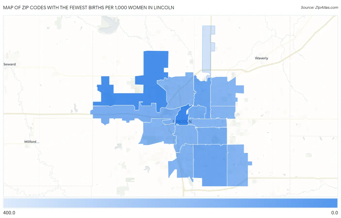 Zip Codes with the Fewest Births per 1,000 Women in Lincoln Map