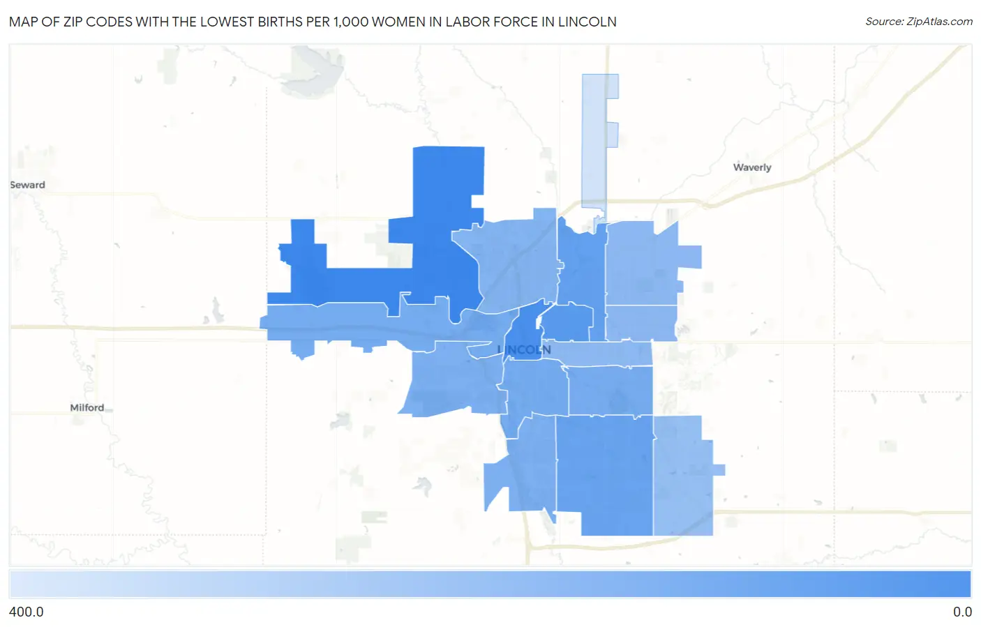 Zip Codes with the Lowest Births per 1,000 Women in Labor Force in Lincoln Map