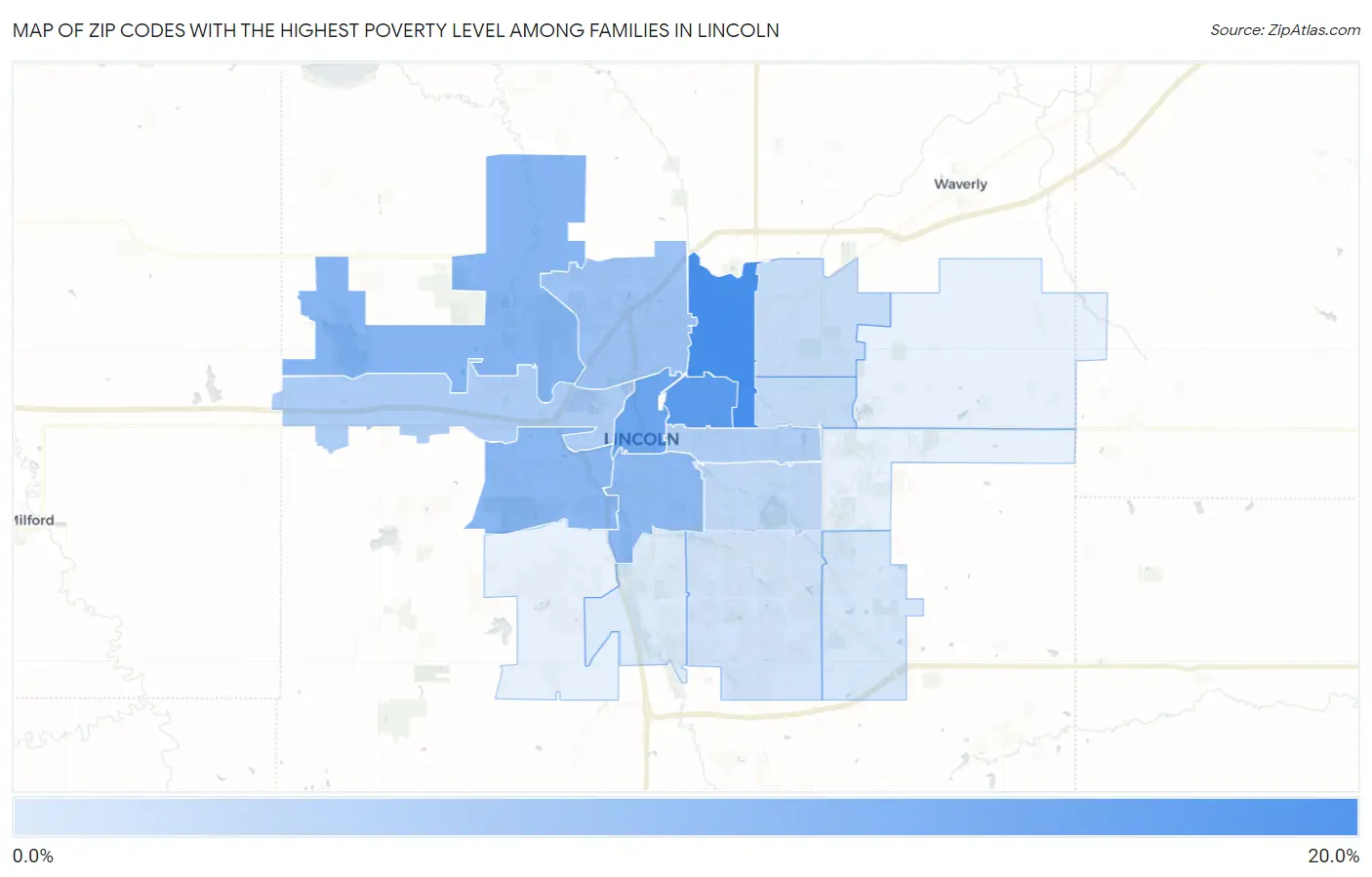 Zip Codes with the Highest Poverty Level Among Families in Lincoln Map