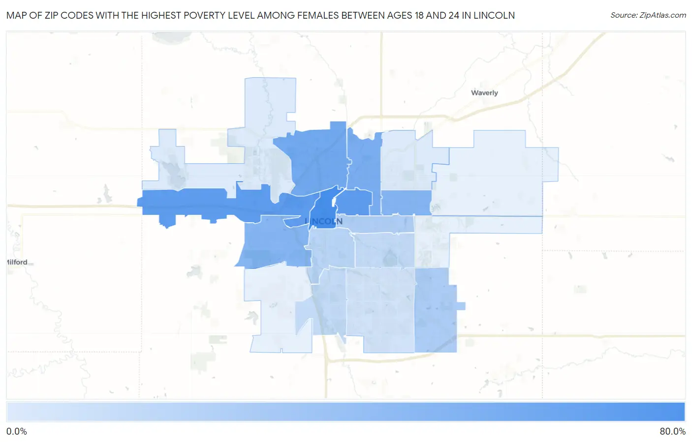 Zip Codes with the Highest Poverty Level Among Females Between Ages 18 and 24 in Lincoln Map