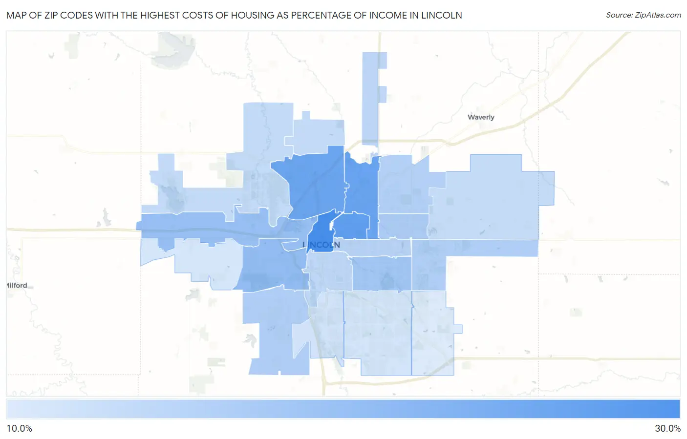 Zip Codes with the Highest Costs of Housing as Percentage of Income in Lincoln Map