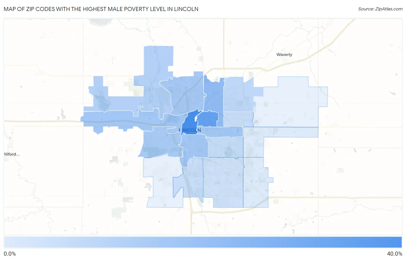 Zip Codes with the Highest Male Poverty Level in Lincoln Map