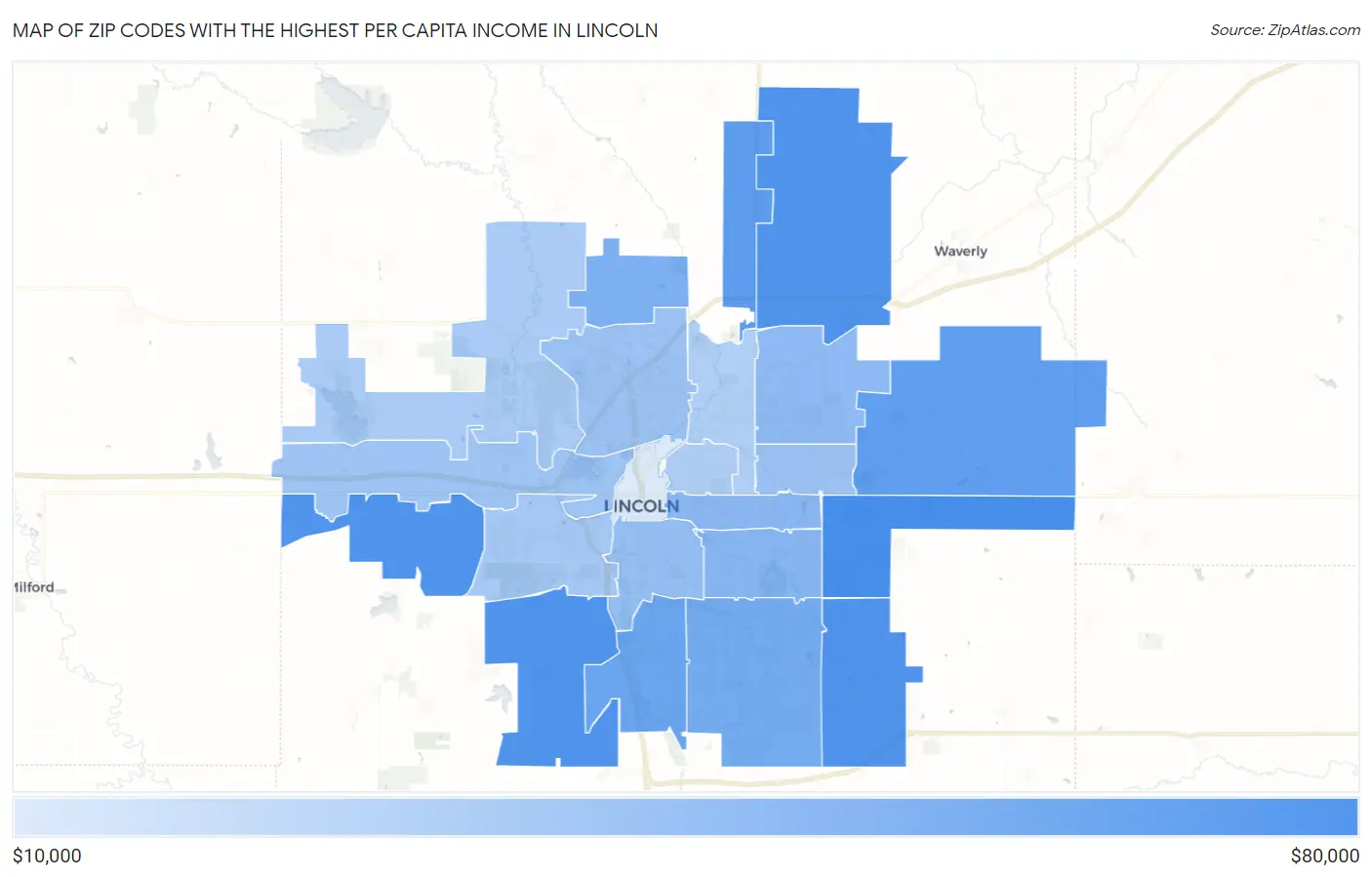 Zip Codes with the Highest Per Capita Income in Lincoln Map