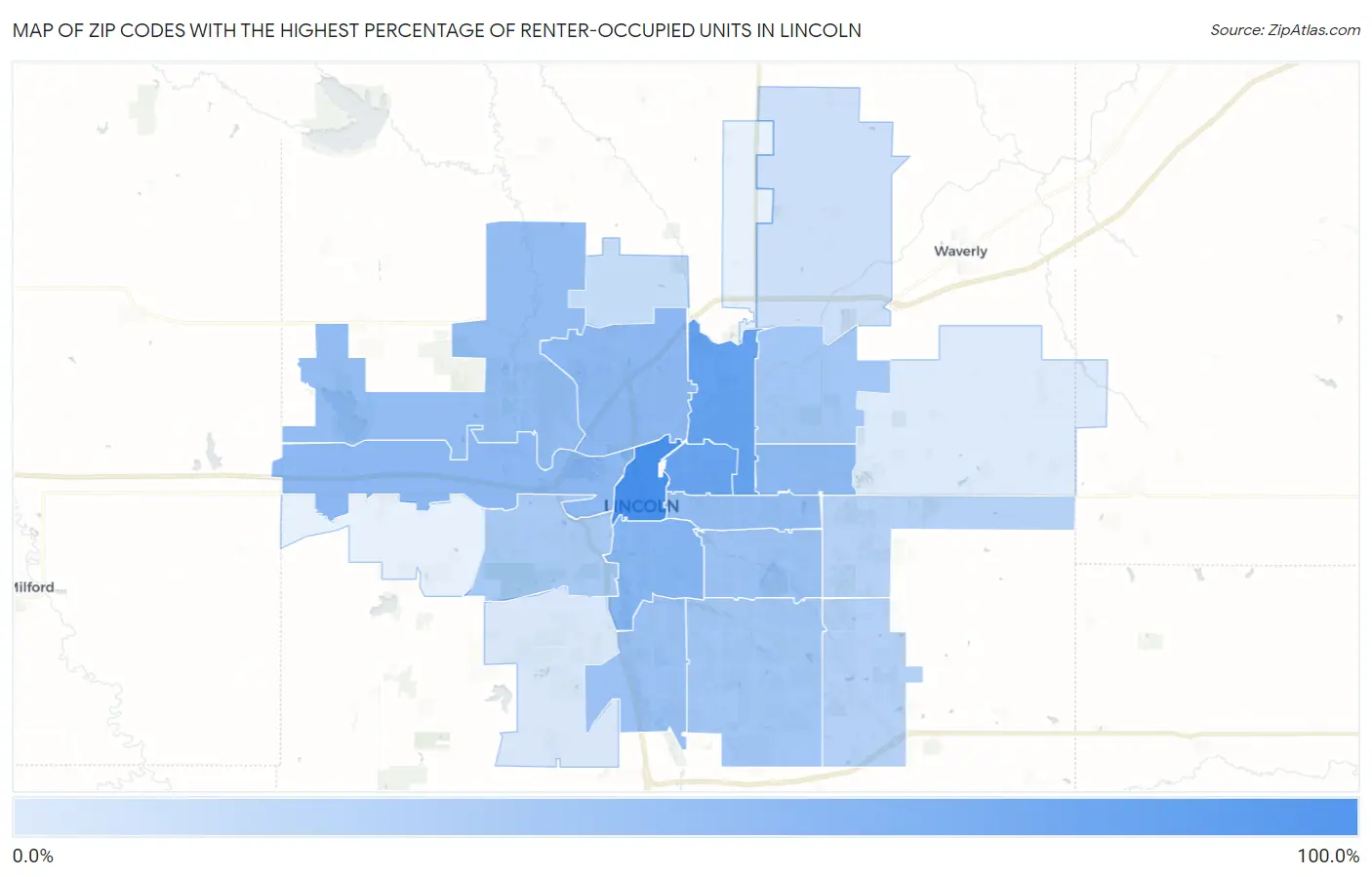 Zip Codes with the Highest Percentage of Renter-Occupied Units in Lincoln Map