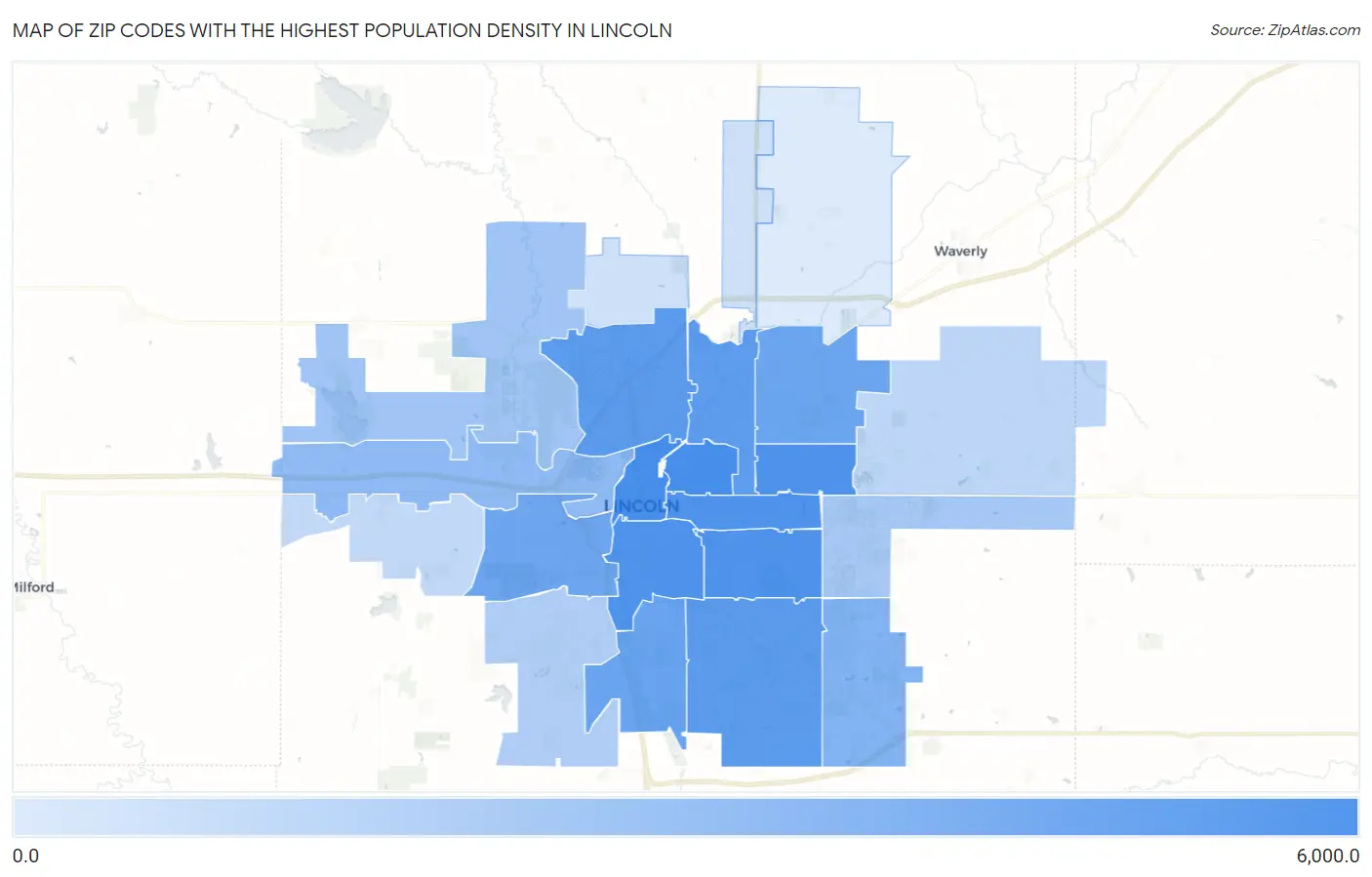 Zip Codes with the Highest Population Density in Lincoln Map