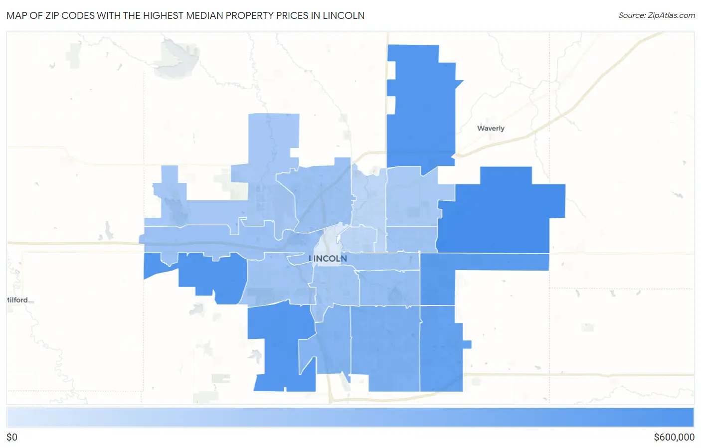 Zip Codes with the Highest Median Property Prices in Lincoln Map