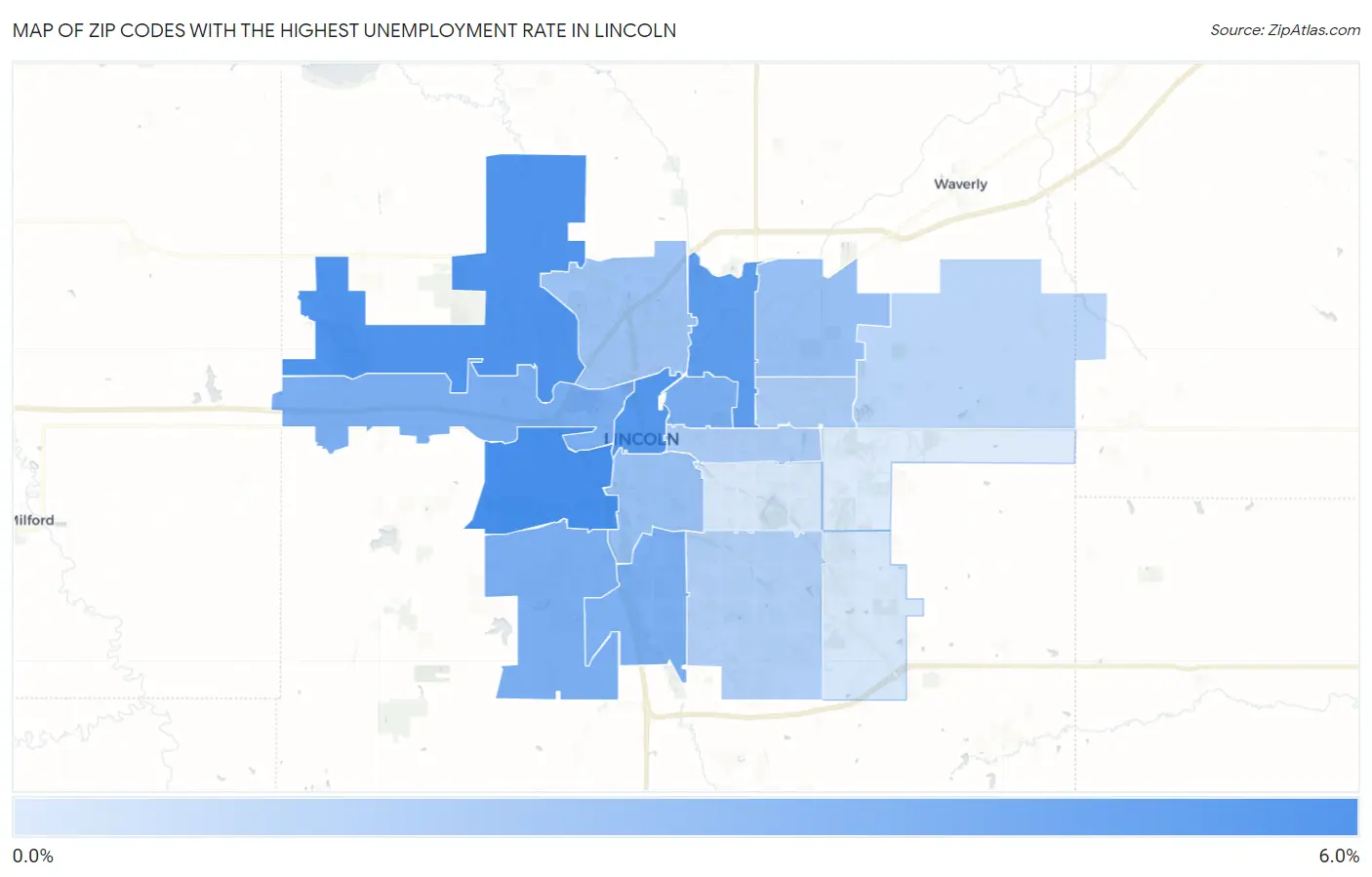 Zip Codes with the Highest Unemployment Rate in Lincoln Map