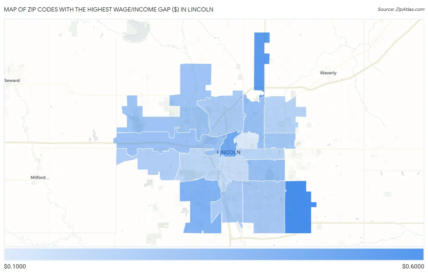 Zip Codes with the Highest Wage/Income Gap ($) in Lincoln Map