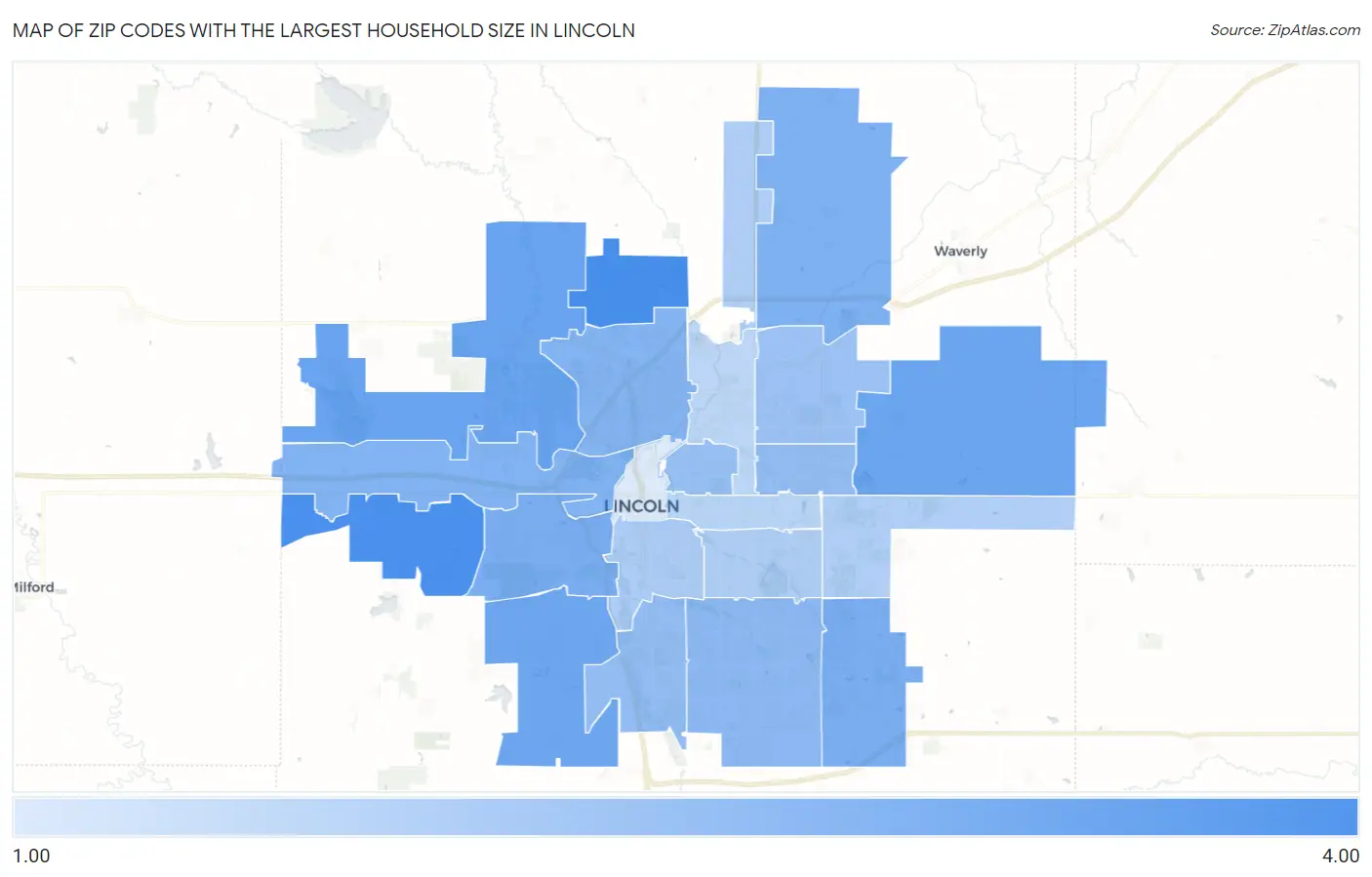 Zip Codes with the Largest Household Size in Lincoln Map