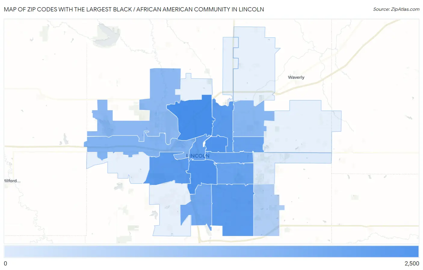 Zip Codes with the Largest Black / African American Community in Lincoln Map