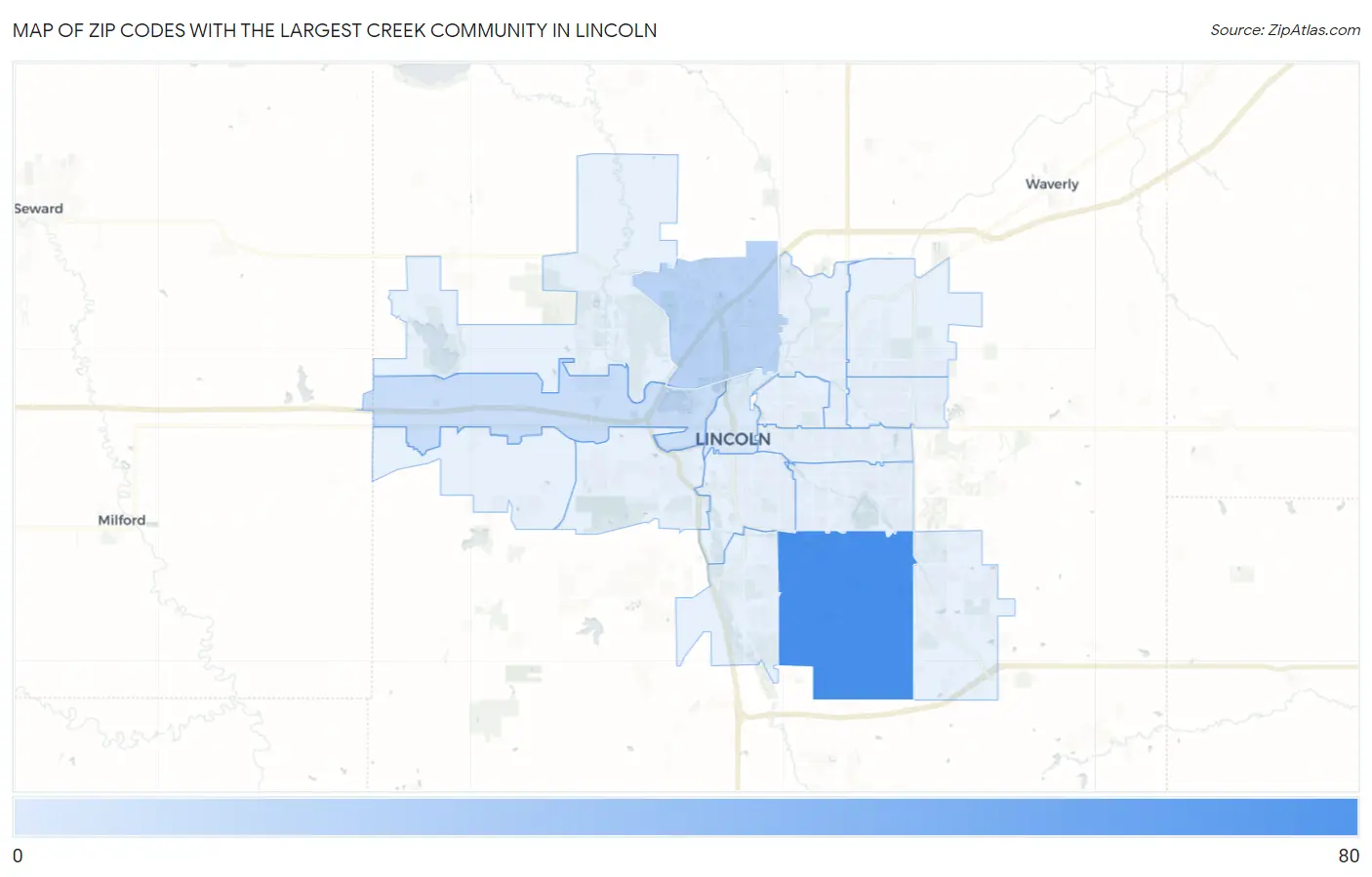 Zip Codes with the Largest Creek Community in Lincoln Map