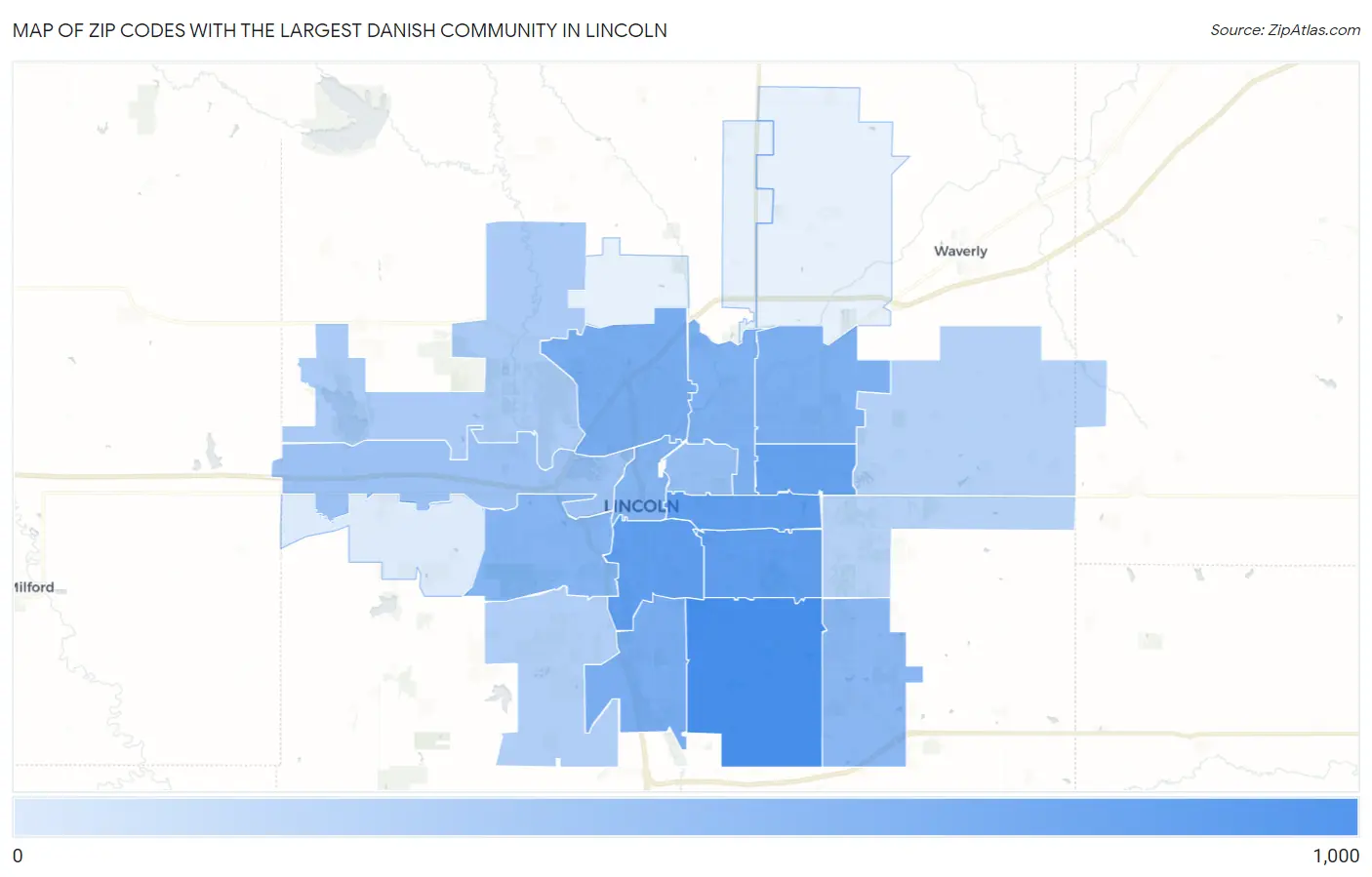 Zip Codes with the Largest Danish Community in Lincoln Map