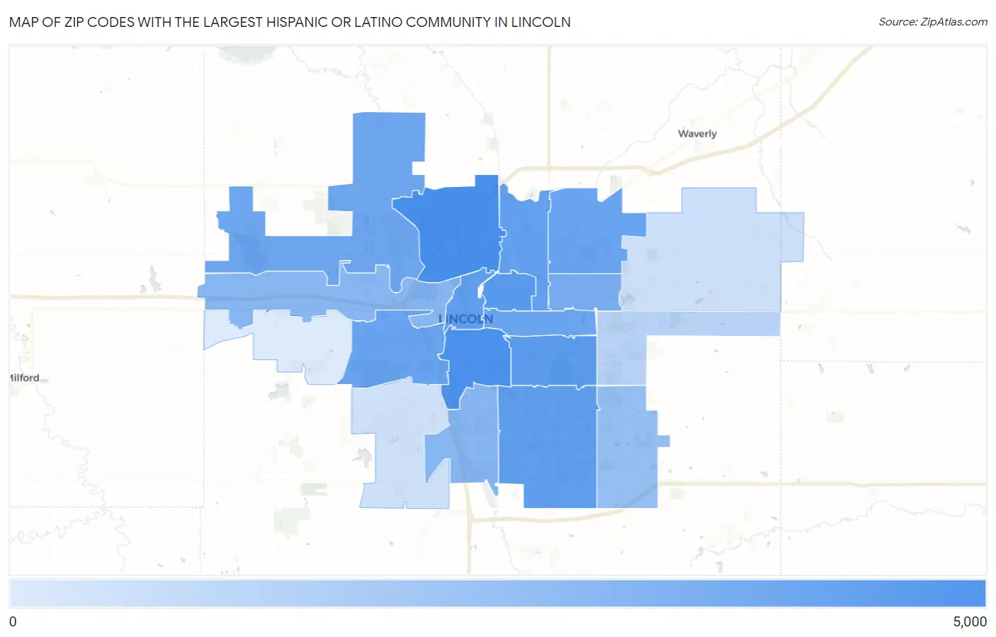 Zip Codes with the Largest Hispanic or Latino Community in Lincoln Map