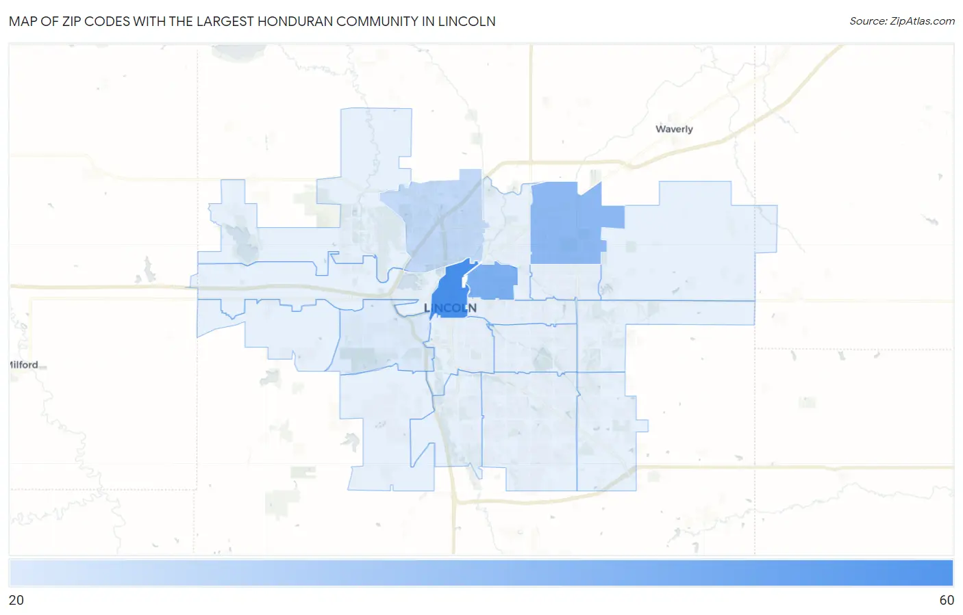 Zip Codes with the Largest Honduran Community in Lincoln Map