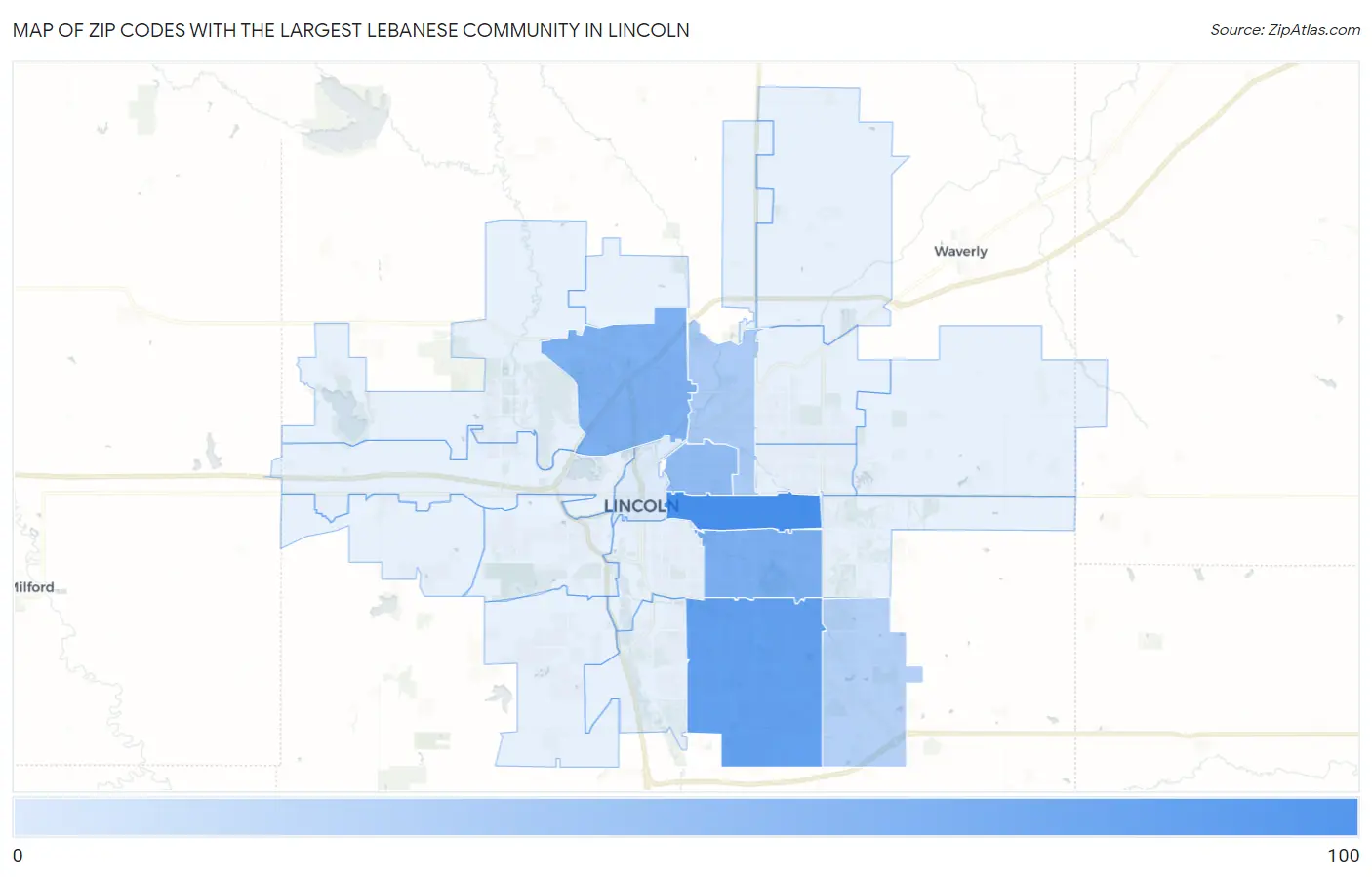 Zip Codes with the Largest Lebanese Community in Lincoln Map