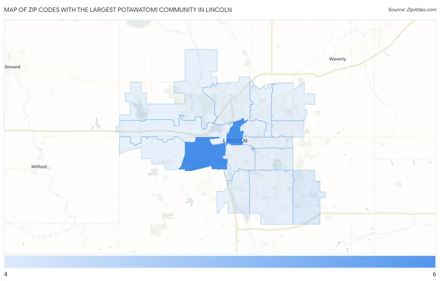 Zip Codes with the Largest Potawatomi Community in Lincoln Map