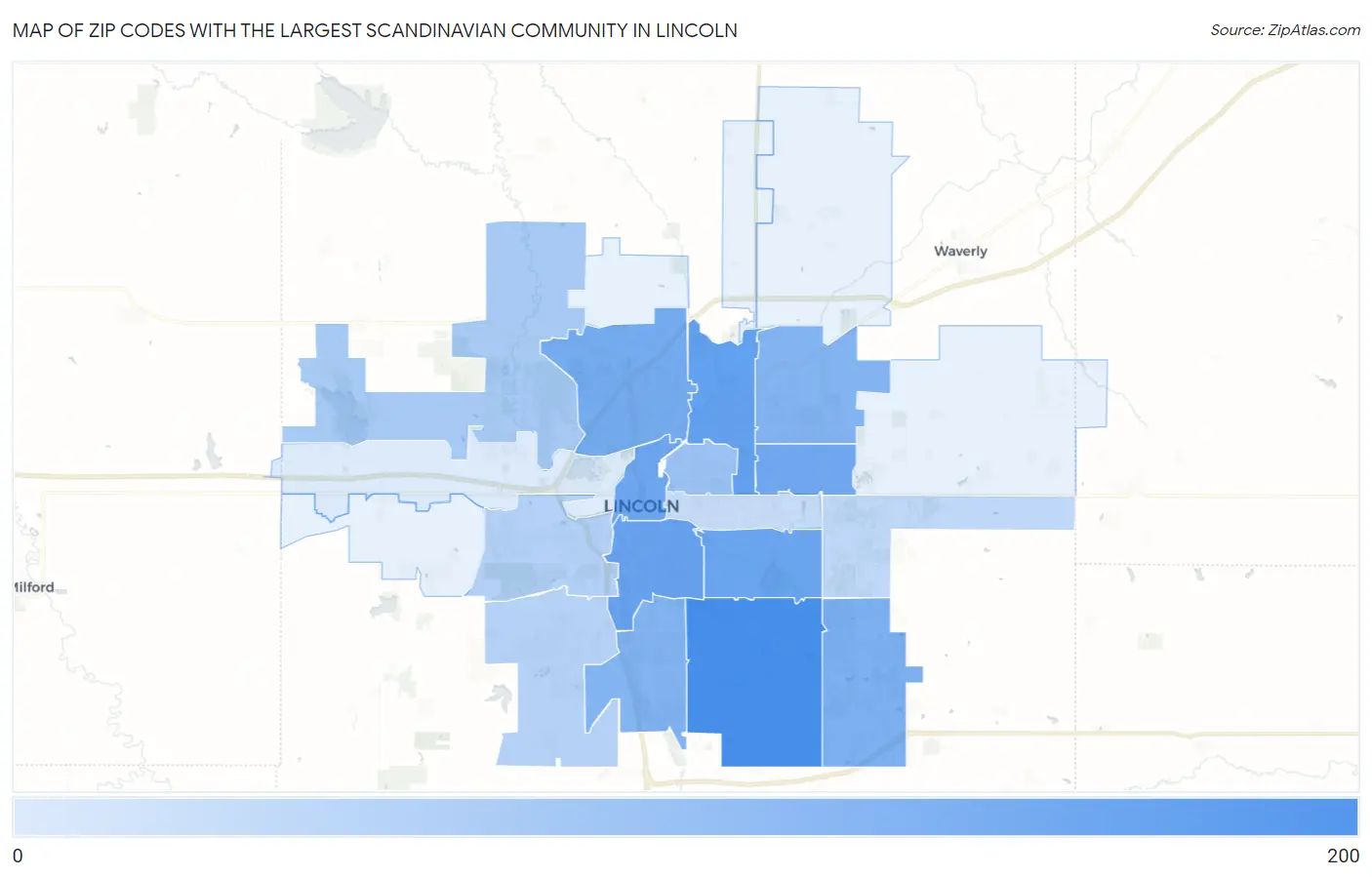 Zip Codes with the Largest Scandinavian Community in Lincoln Map