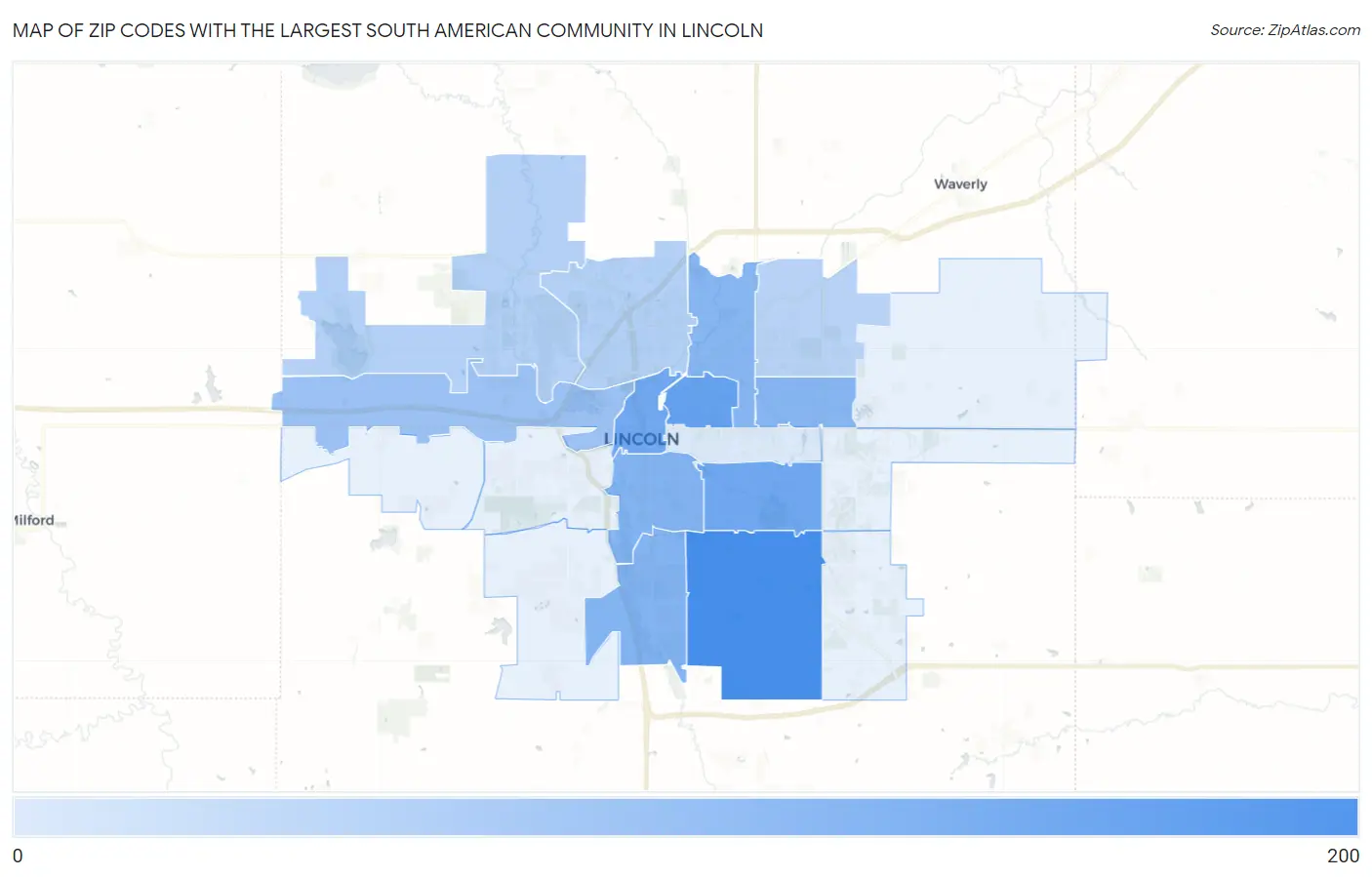 Zip Codes with the Largest South American Community in Lincoln Map