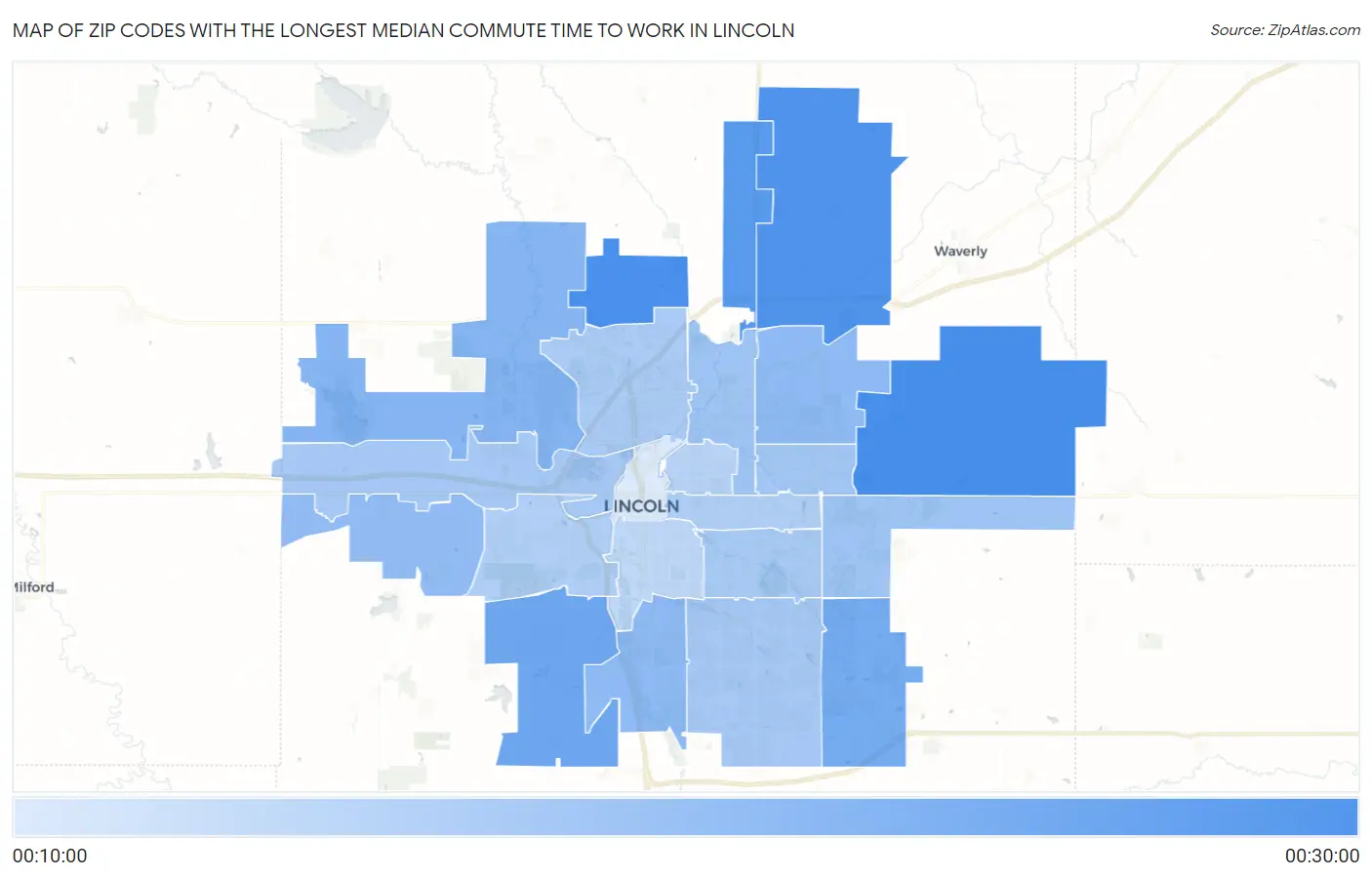 Zip Codes with the Longest Median Commute Time to Work in Lincoln Map