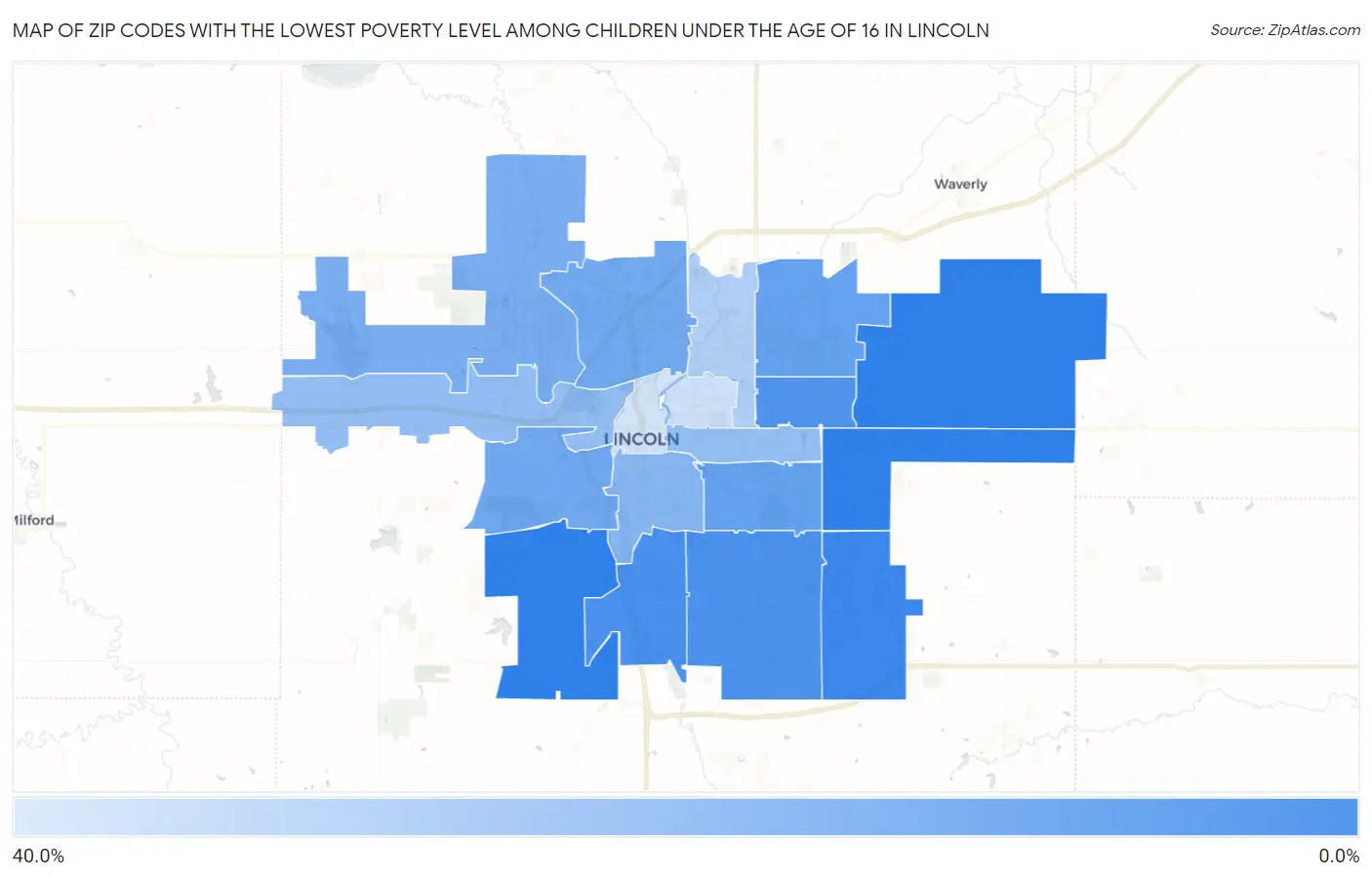 Zip Codes with the Lowest Poverty Level Among Children Under the Age of 16 in Lincoln Map