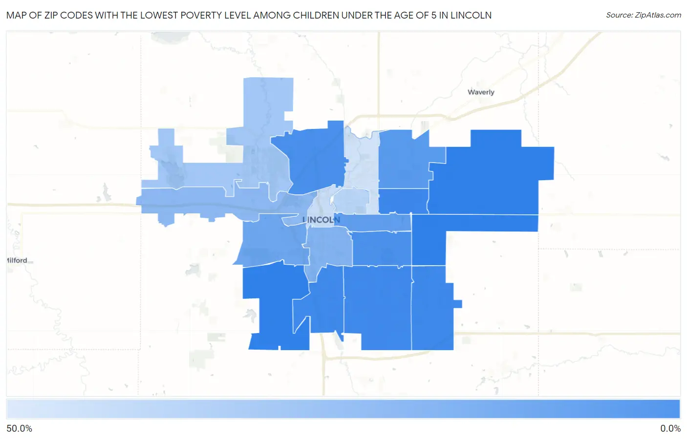 Zip Codes with the Lowest Poverty Level Among Children Under the Age of 5 in Lincoln Map