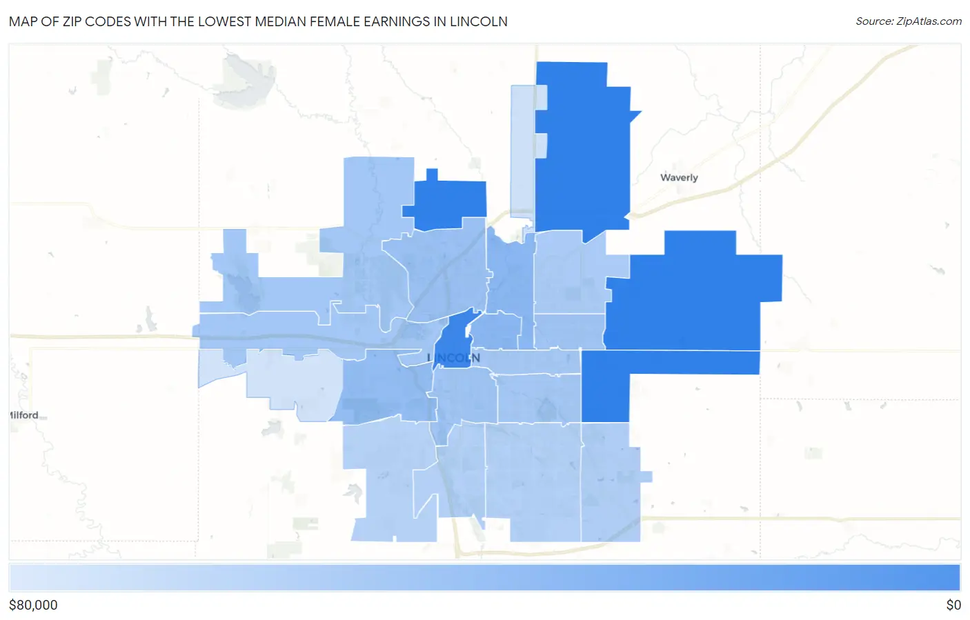 Zip Codes with the Lowest Median Female Earnings in Lincoln Map
