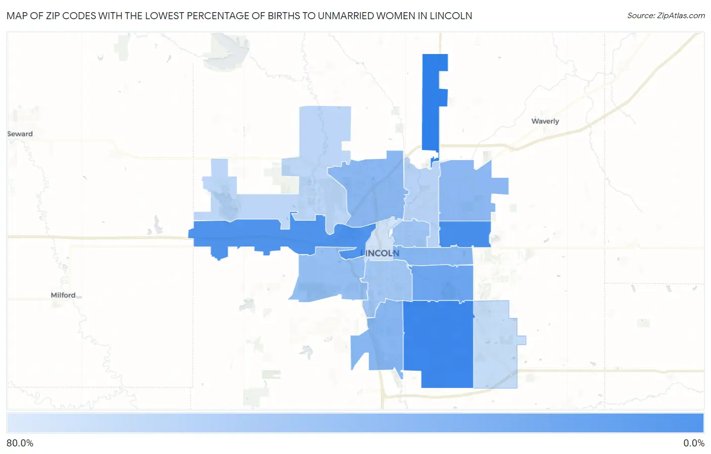 Zip Codes with the Lowest Percentage of Births to Unmarried Women in Lincoln Map