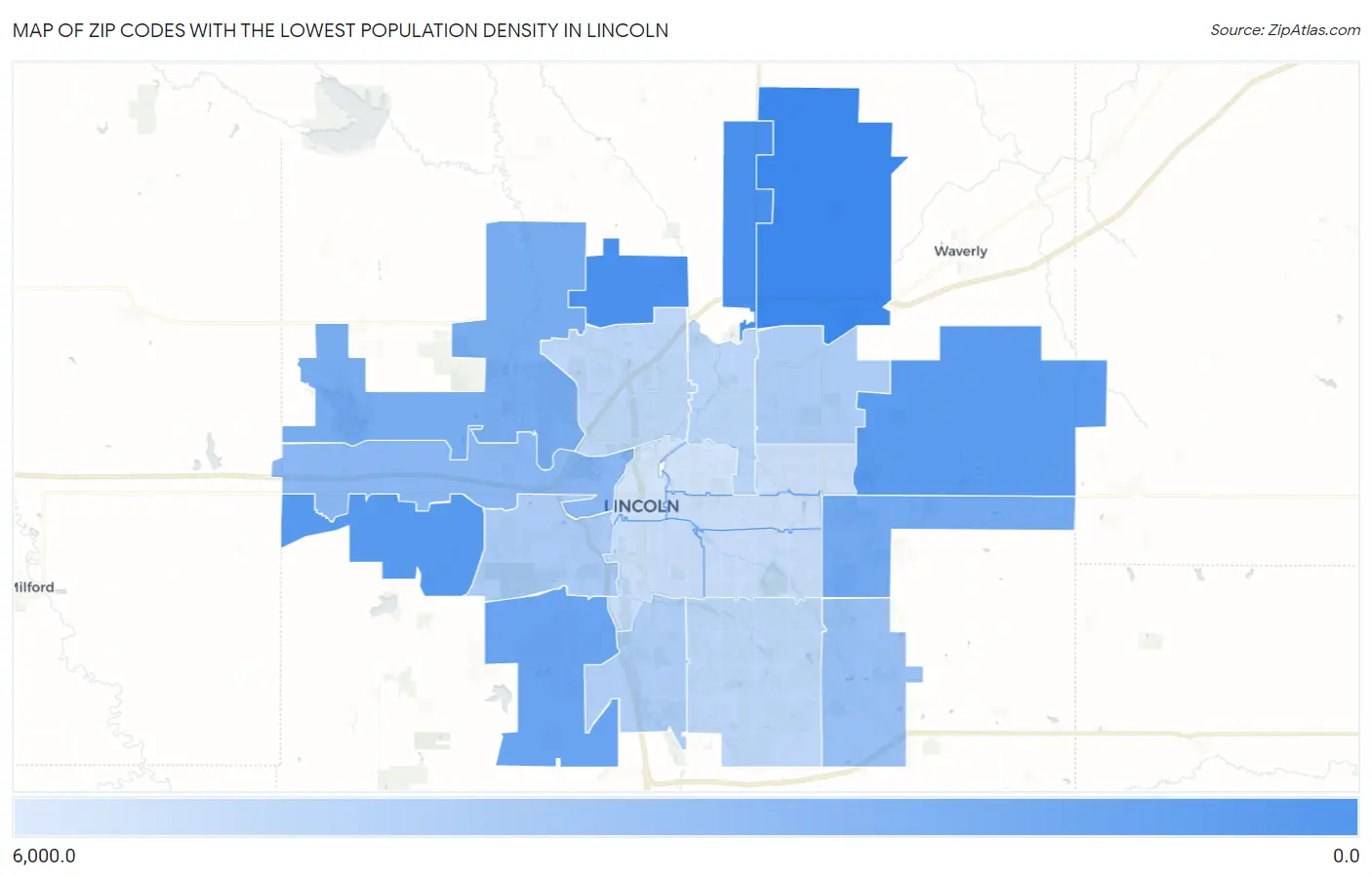 Zip Codes with the Lowest Population Density in Lincoln Map